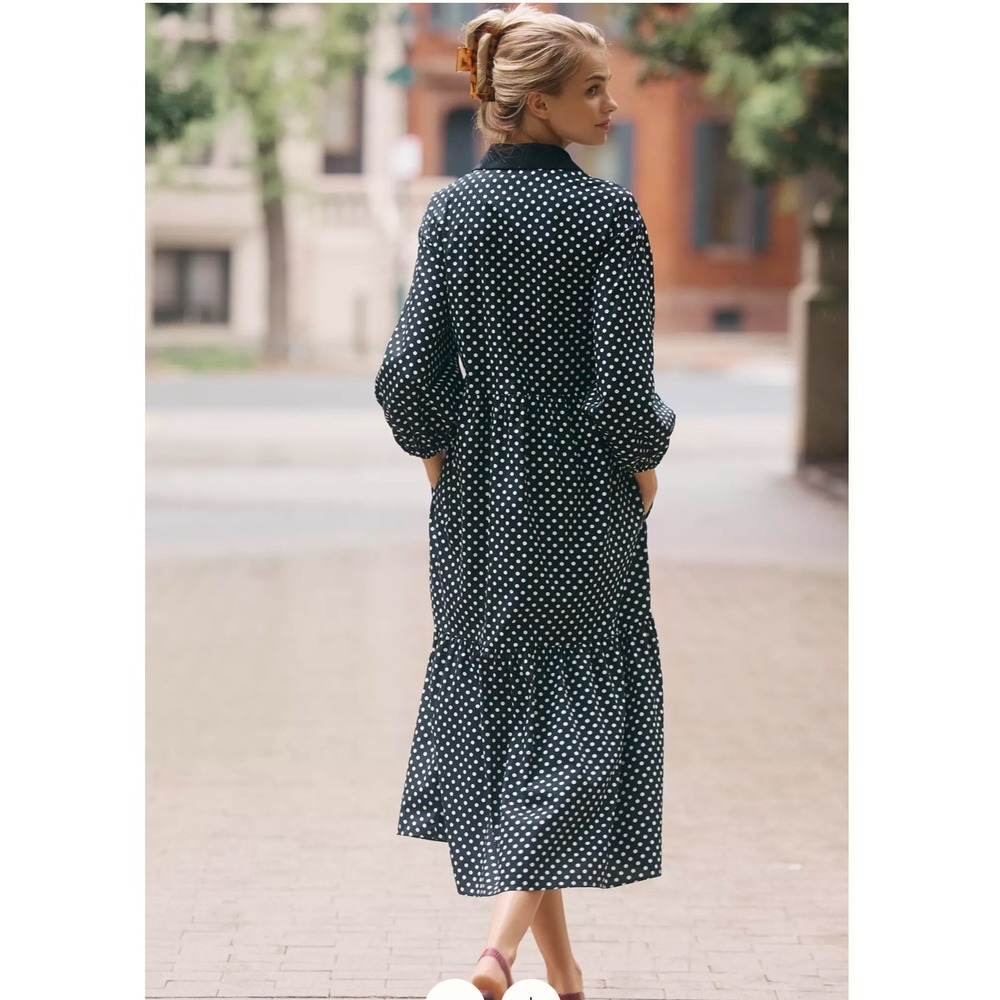 Anthropologie Maeve Bettina Tiered Cotton Midi Dress Polka Dot Swan Size S - Picture 2 of 11